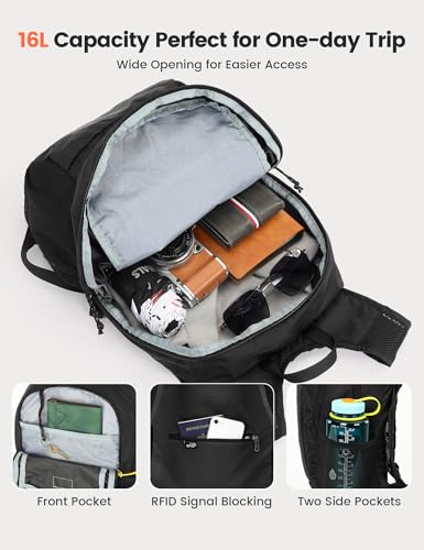 SKYSPER Hiking Backpack Ultralight Packable RFID Travel Daypack Small Nylon Stuff Pack 16L Outdoor Bag for Women Men - color: Black