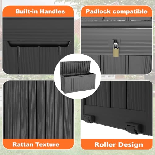 PatioZen 75 Gallon Resin Deck Box, Outdoor Lockable Storage Box with Divider for Patio Cushions Storage Furniture, Pool Supplies, Garden Tools, Weatherproof and UV Resistant Black - color: Black, size: 75 Gallon