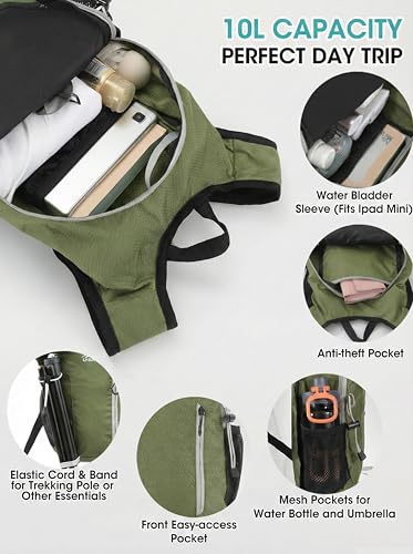 Foldable Small Hiking Backpack with 3 Strap Pockets – Lightweight 300D Spill-proof Daypack for Men Women – Packable Small Travel Backpack with Chest Strap & Trekking Pole Holder – Durable Outdoor Bag - color: Olivegreen-