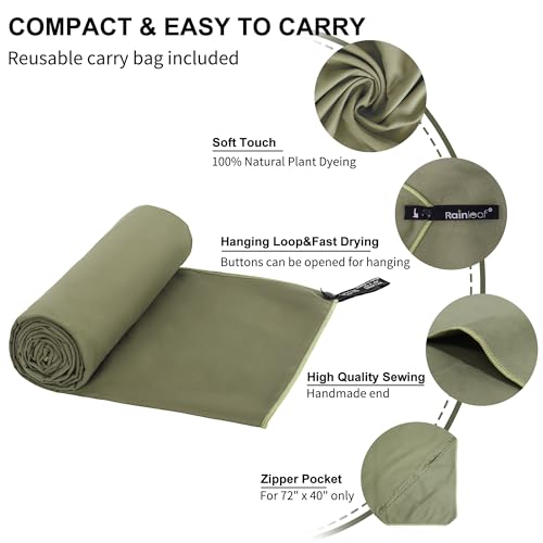 Rainleaf Microfiber Towel Quick Dry Camping & Travel & Gym Towel. Compact - color: Army Green, size: 72.00" x 40.00"