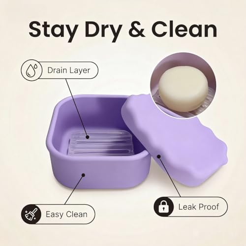 Silicone Travel Soap Case, Leak Proof Soap Dish Holder with Drainage, Shower Container for Kitsch Shampoo Bars & Standard Soaps Traveling Accessories for Gym Camping (Purple, Square) - color: Purple