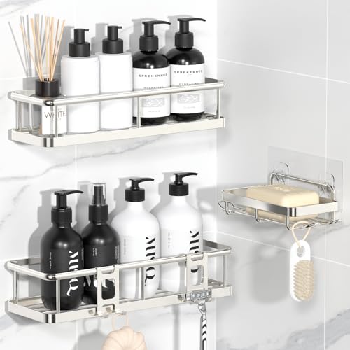 Shower Caddy Adhesive, Rustproof Shower Organizer with Soap Holder, Large Capacity Shower Shelves for Inside Shower, No Drilling Bathroom Organizers and Storage for Home Decor（3 Pack Silver） - color: Silver