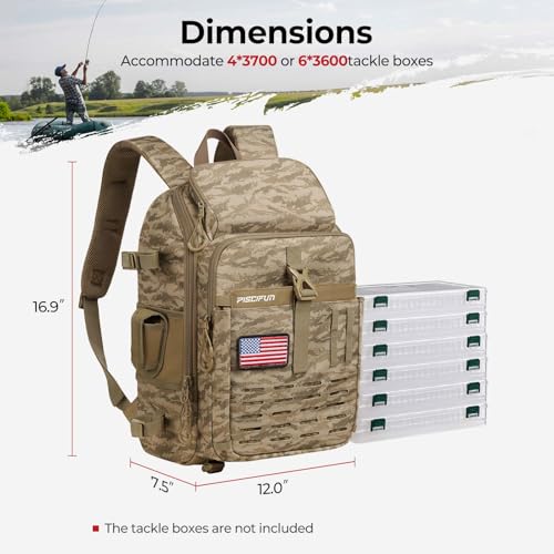 Piscifun Fishing Tackle Backpack, Rod & Gear Holder, Water-Resistant | 20L storage, breathable padding & adjustable shoulder straps, MOLLE panel, Khaki Camouflage - color: Khaki Camouflage, size: Large
