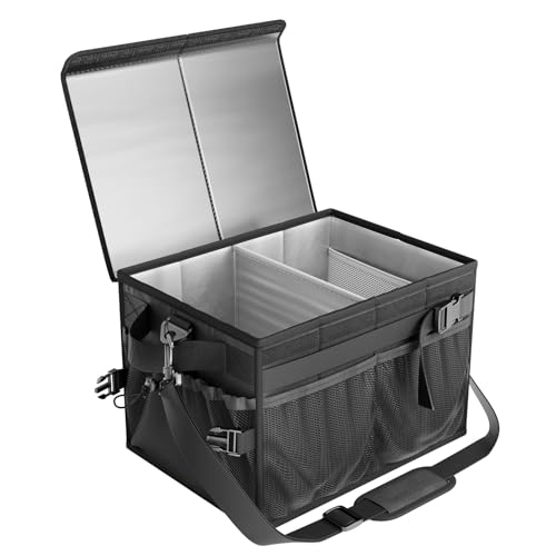FANGSUN Grill Caddy with Lid, Foldable BBQ Caddy with Paper Towel Holder | 11 Compartments, Easy-Clean Aluminum Interior, 1680D Oxford Fabric, Water-Resistant, Shoulder Strap Included, Tailgating - style: Black-with lid