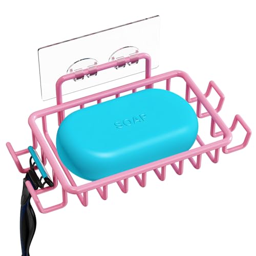 Nieifi Bar Soap Holder for Shower Wall, Adhesive Soap Dish for Bathroom | Stainless steel, razor holder, 4 hooks, soap dish for shower, wall mounted, soap caddy, sponge holder, rustproof, pink - color: Pink, size: 1 Pack