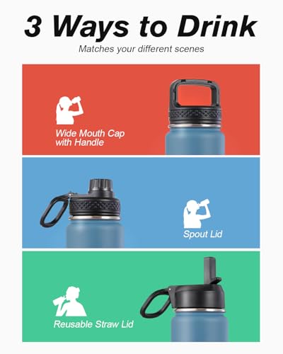 Coolflask 20 oz Insulated Water Bottle with Straw & 3 Leakproof Lids - color: Samurai Cyan, size: 20 Ounces