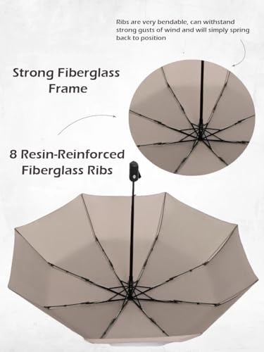 Windproof Travel Umbrella - Compact, Light, Full Automatic Open/Close - Folding Backpack Umbrella for Rain & Sun UV Preotection For Men & Women, Unbreakable 8 Fiberglass Ribs UK Design - color: Light Grey