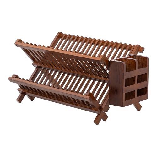 HBlife Dish Rack,Teak Folding 2-Tier Collapsible Drainer Dish Drying Rack with Utensils Flatware Holder Set (Dish Rack with Utensil Holder) - color: Teak-2 Tiers