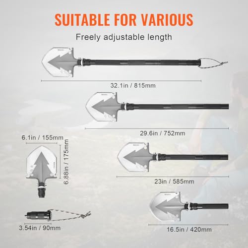 VEVOR Survival Shovel, 11 in 1 Camping Shovel Folding Multitool Kit, Portable and Compact, Stainless Steel, Multifunction for Off-Roading, Camping, Hiking, Outdoor, Survivalist and Emergency - size: 11 in 1