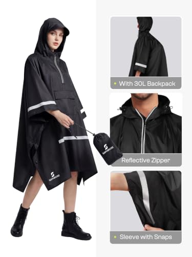 SaphiRose Hooded Rain Poncho Waterproof Raincoat Jacket for Men Women Adults - color: Black05 (With Reflective Stripes)