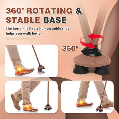 Walking Cane for Men & Women Walking Stick for Seniors Folding Canes Quad Cane Adjustable Lightweight Sturdy Collapsible Heavy Duty with Soft TPR T-Handle and Travel Bag - color: Brown