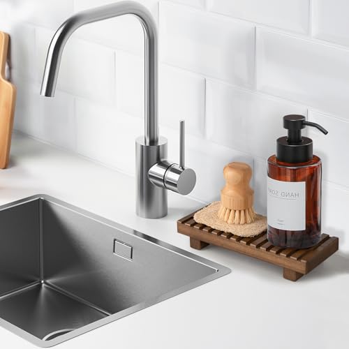Bathroom Tray Rustic Farmhouse Decor Wood Stand, 8.6" * 3.6" Walnut | Waterproof, Lightweight, Easy Clean, Wood Riser Kitchen soap holder Accessories for Office Desk, Vanity, Counter, Sink - color: Walnut, size: 8.7" x 3.6" x 1.6"