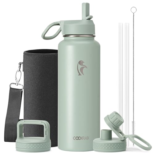Coolflask 40 oz Water Bottle Insulated with Straw & 3 Leakproof Lids - color: Grey Green, size: 40 Ounces