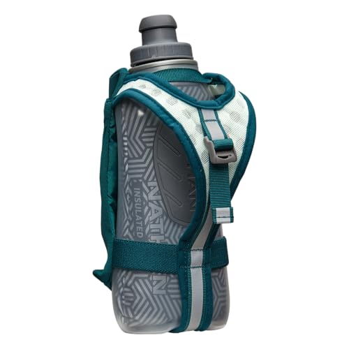 Nathan SpeedDraw 2 Insulated Handheld Running Water Bottle Flask – Double-Wall Insulation, Ergonomic Grip, Blast Valve Cap, Phone & Key Storage Pockets, Reflective Design - 18oz Insulated - Deep Teal - color: Deep Teal 18oz Insulated
