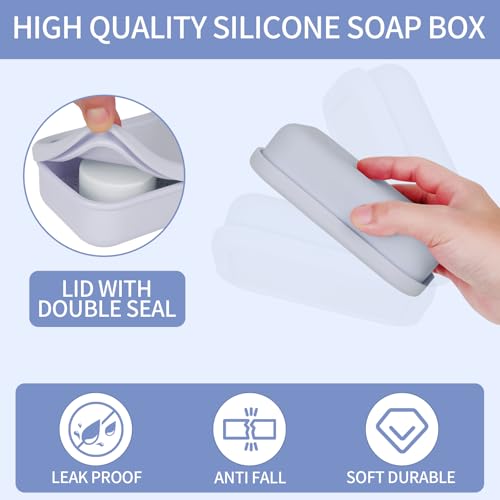 Leak Proof Travel Soap Case,Large Silicone Travel Soap Holder,Portable Soap Box with Drainage Layer,Bathroom Shatter Proof,Suitable for Travel, Bathroom, Camping, Gym(Light Gray) - color: Light Gray