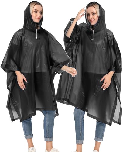 Reusable Rain Ponchos with Drawstring Hood for Adults, Waterproof Thicken Rain Coat, 2 Packs - color: Black & Grey