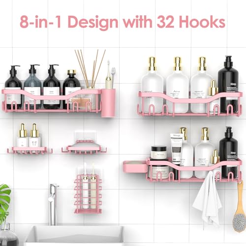 NESOMI Shower Caddy Adhesive Shower Organizer 8-Pack, Rustproof Stainless Steel Bathroom Shelves, Large Capacity No-Drill Rack Storage Accessories with Soap Dish Toothbrush Holder Hooks - color: Pink, size: 8-Piece Set