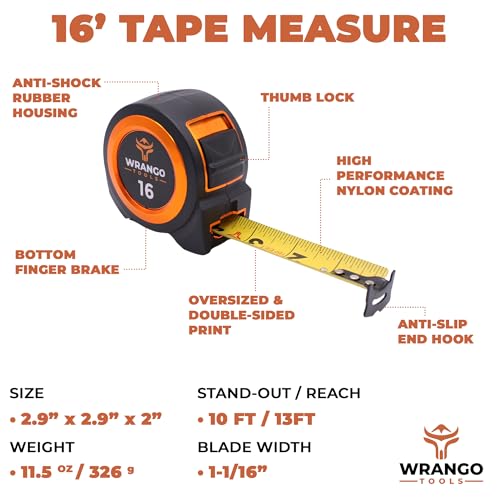 Wrango Tools Tape Measure 16 FT - Measuring Tape Retractable - Oversized & Double-Sided Print - Blade Lock, Finger Brake - High Performance Nylon Coating, 10' Stand-Out - 13' Reach / 1-1/16" Blade - size: 16 FT