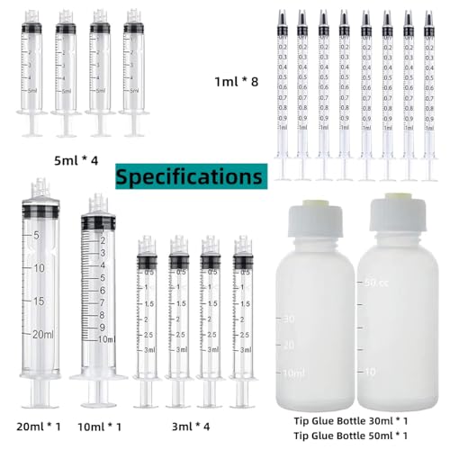 20 pack 1ml, 3ml, 5ml, 10ml, 20ml Glue Dispenser Accessories with 30ml+50ml Glue Bottle, 14ga, 16ga, 18ga,20ga, 22ga, 25ga Dispensing Accessories and Caps, for Liquid, Glue, Ink, craft making - size: 20 Pack (1ml, 3ml, 5ml, 10ml, 20ml)