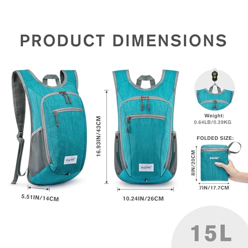 G4Free 10L/15L Hiking Backpack Lightweight Packable Hiking Daypack Small Travel Outdoor Foldable Shoulder Bag - color: Teal Blue, size: 15L