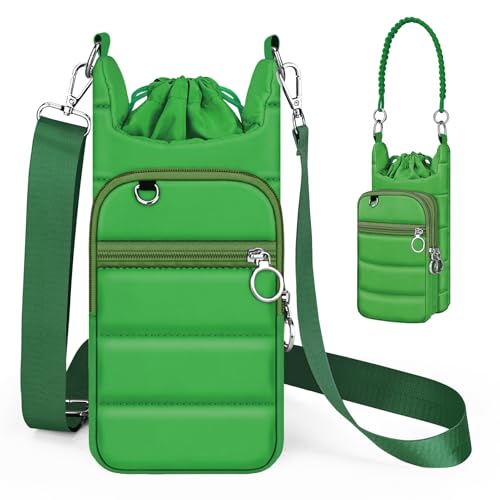 bvya Puffer Water Bottle Holder Quilted Sports Pouch Bag with Adjustable Shoulder Strap & Paracord Handle - color: Dark-green