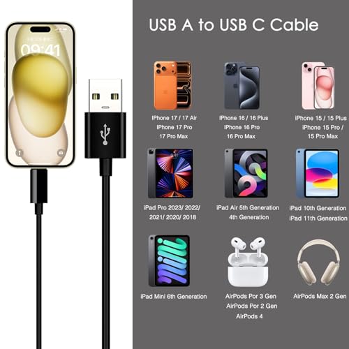 iPhone 15/16/17 Car Carplay Cable, USB A to USB C Cable for iPhone 17Air, 17E/16E, 15/16/17 Pro Max, Plus,iPad 10th Gen,iPad Pro 12.9/11, Air 5th/4th Gen,Mini 6th Gen Charger Cord,Car Charging Cable - color: Black, size: 3.3FT, style: USB A to USB C (for
