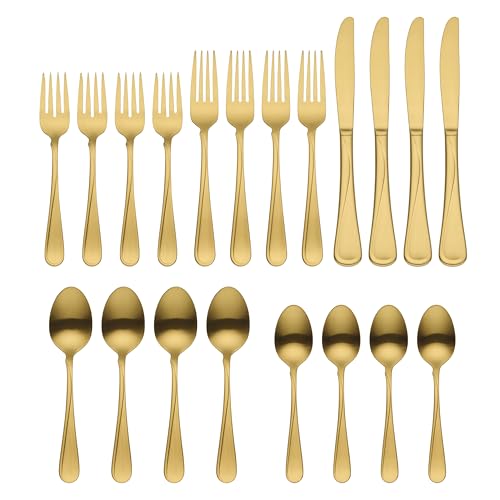 Oneida Flight Gold Satin 20-Piece 18/0 Silverware Set for 4, Flatware | satin finish, dishwasher safe | includes knives, forks, and spoons | heavy duty, cutlery set for kitchen and dining, utensils - style: 20-Piece Flatware Set, Gold