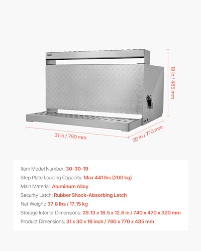 VEVOR Semi-Truck Step Tool Box, 31" x 30" x 19" Heavy Duty Aluminum Diamond Plate Toolbox, Waterproof Cab Entry Step Storage Box with Shock-Absorbing Latch for Flatbed, Crane, and Semi Trucks - size: 31"L x 30"W x 19"H