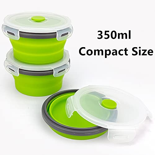 CCyanzi 3piece Round Collapsible Bowl with Lids, Silicone Food Storage Containers, Microwave & Freezer Safe, Space Saving for Kitchen Cabinet and Camping Backpack,(Green Gray) - color: green with gray