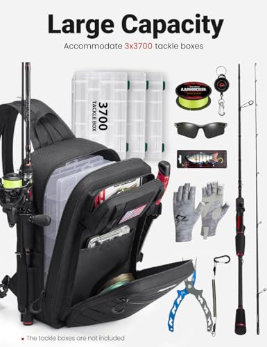 Piscifun Fishing Backpack Tackle Bag with 2 Rod Holders, Multi-Compartment Storage, MOLLE System, Water-Resistant Lightweight Outdoor Pack,Double Shoulder Black Camouflage Large | Water-Resistant Lightweight Outdoor Pack, fits 3×3700 boxes, reinforced sti