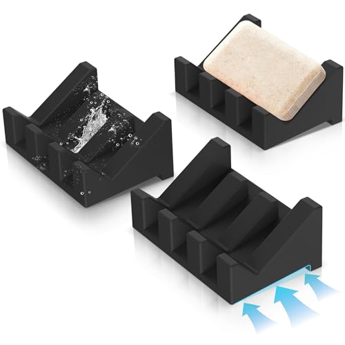 Silicone Soap Dish,3PCS Self Draining Soap Holder for Shower,Black | Self draining silicone soap dish with drainage,waterfall design keeps bar soap dry,extended soap holder for shower,bathroom - color: 3*black