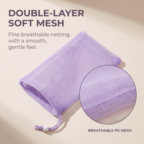 6Pcs Random Color Exfoliating Mesh Soap Pouch Bubble Foam Net Bag for Body Facial Cleaning Tool,for Shower Saver Pouch Drawstring Foaming Net Soap Bag Used Repeatedly Easy to Store Cleansers