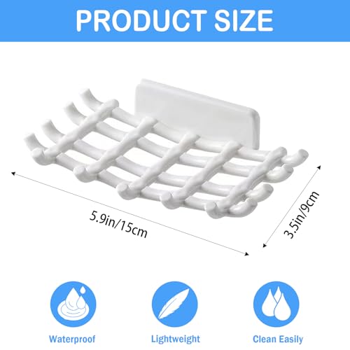 2 Pack Adhesive Soap Dish for Shower White, Soap Bar Holder for Shower Wall, No Drilling Adhesive Soap Dish with Hooks, Waterproof Wall-Mounted Soap Holder for Bathtub and Kitchen Sink (White)