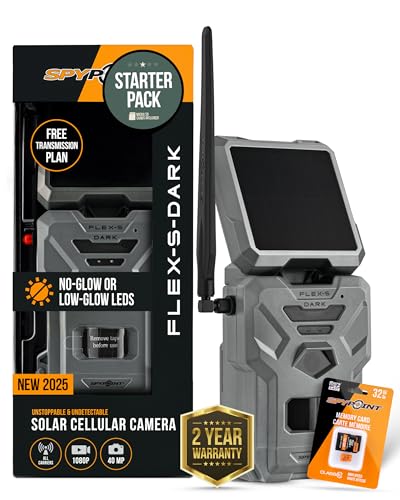 SPYPOINT Flex-S-Dark Starter Pack with SD Card - Solar Cellular Trail Camera – Built-in Solar Panel, 40MP Photos, 1080p Videos + Sound, No-Glow Game Camera, Night Vision, Motion Activated Trail Cam - style: Starter Pack – 1 Cameras (1 SD Card)