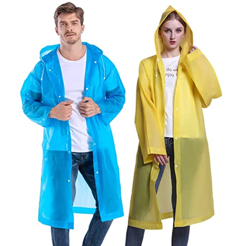 Rain Ponchos for Adults Reusable, 2-5 Pack Raincoat for Women Men, Waterproof Rain Coat Gear with Hood Drawstring - color: Blue+yellow