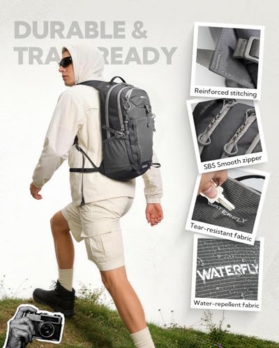 WATERFLY Small Lightweight Hiking Backpack: 20L Outdoor Daypack with Phone Pocket, Hydration Compatible, Breathable Backpanel, Multi-Compartment for Camping Trekking Travel Women Men - color: Grey
