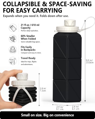 BEAUTAIL Collapsible Water Bottles 21oz/610mL, Silicone Travel Water Bottle - color: Black