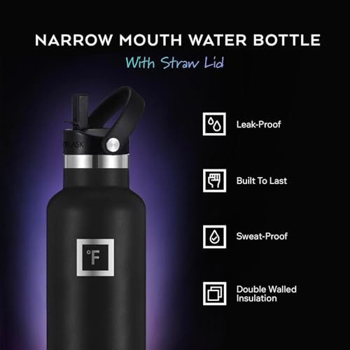 IRON °FLASK 24 oz Narrow Mouth Water Bottle with Straw - color: Midnight Black, style: Straw - 24 oz (1 Lid)