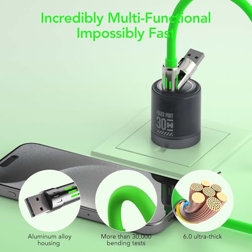MFish 240W 4-in-1 Fast Charging Cable, Green, 6.6FT | Carrying Case, USB-A & USB-C to USB-C/Lightning, For iPhone 17/16/15/14, MacBook, iPad, Laptop, Samsung S25/S24 - color: Green, size: 6.6Ft