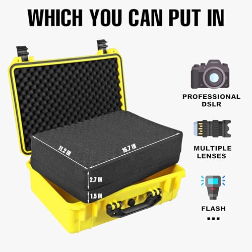 Jack Boss Waterproof Hard Camera Case with Pre-cut Foam,Yellow | Portable Protective Hard Shell Case With Updated Plastic Material,Fit Drones,Camera,Equipments,18x13.6x6.8 Inch - color: YELLOW