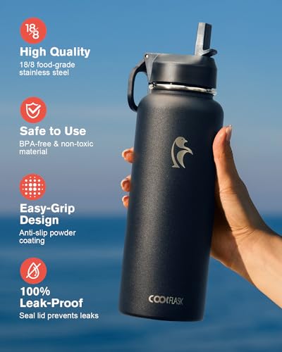 Coolflask 40 oz Water Bottle Insulated with Straw & 3 Leakproof Lids - color: Magic Black, size: 40 Ounces