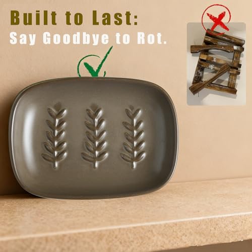Miamolo Ceramic Soap Dish, Soap Holder Shower Fits 2 Bars, Extend Soap Life | Space-Saving, Non-Slip Tray | Multi-Use for Shampoo, Sponges | for Bathroom & Kitchen Sink | Farmhouse Rustic Accent, Brown - color: Brown, size: Leaf Design