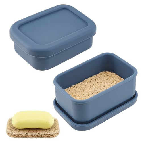 2Pcs Leak Proof Silicone Travel Soap Case with Enhanced Draining Layer, Shatterproof Soap Holder for Traveling, Camping, Gym, Bar Soap Caddy (Navy Blue+ Solid Color Cover)