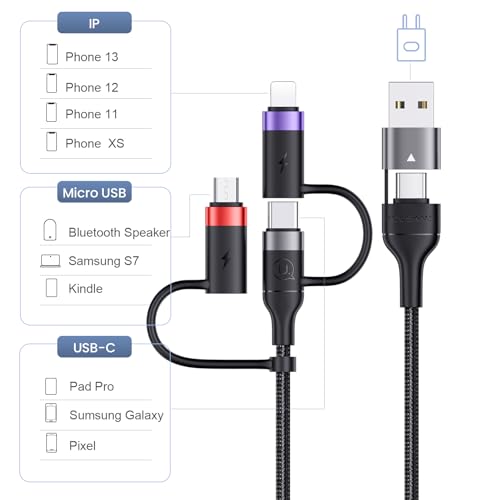 PD 60W USB C Multi Fast Charging Cable Nylon Braided Cord 5-in-1 3A USB/C to Type C/Micro/Phone Fast Sync Charger Adapter Compatible with Laptop/Tablet/Phone - color: Grey, size: 6.6FT