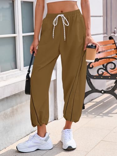 Fisoew Womens Baggy Wide Leg Casual Elastic Waist Cropped Pants - color: Brown, size: Medium