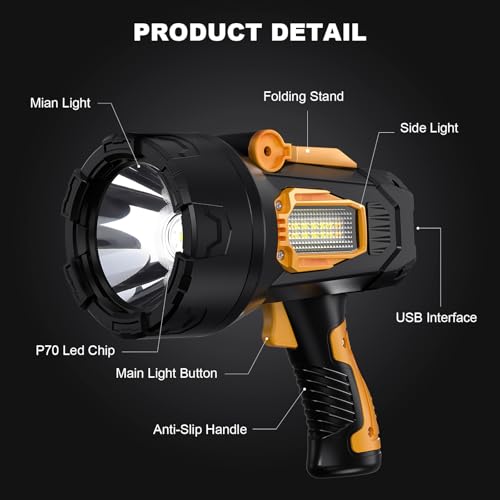 MIXILIN Rechargeable Spotlight 2,000,000 Lumens, Super Bright LED Spotlight Flashlight Outdoor with COB Light & Foldable Tripod, Long Lasting Large Handheld Spot Light for Boating Camping