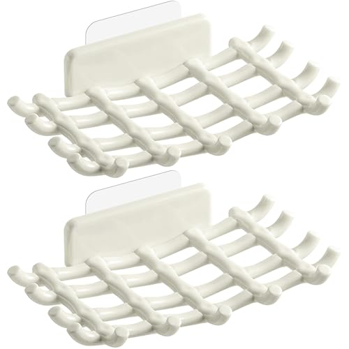 Shower Soap Holder for Wall, Adhesive Bar Soap Dish with Self Draining Grid, Side Hooks and No Drilling Mount, White, 2 Pack - color: White