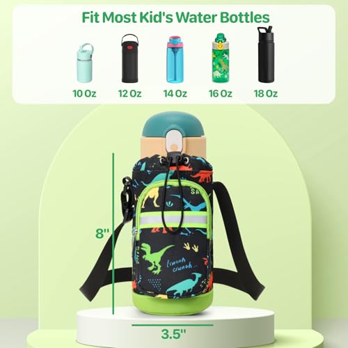 Water Bottle Holder for Kids - Water Bottle Carrier with Strap - color: 1-Black Dinosaur