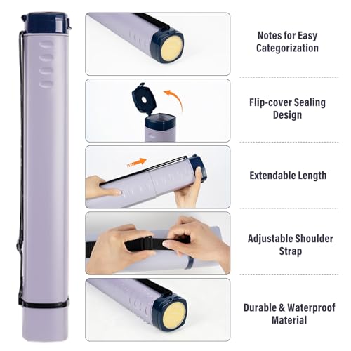 DEWEL Adjustable Poster Tube 24.5"-42", Expandable Drawing Tube with Strap - color: Purple (Polygon), size: Large