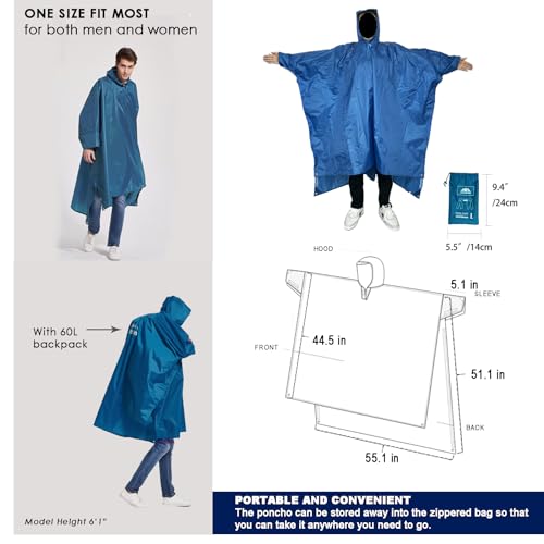 Rain Poncho for Adult, Waterproof Rain Poncho with Hood and Sleeve, Ideal for Hiking, Hunting, Camping - color: Navy Blue